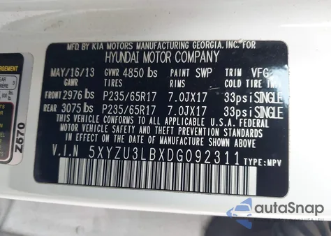 2013 Hyundai Santa Fe Sport z USA, uszkodzony, nr VIN 5XYZU3LBXDG092311